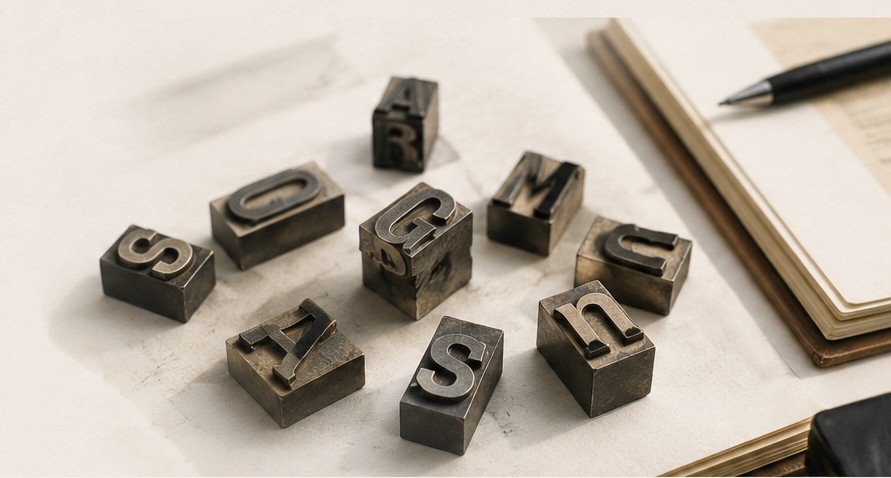 Vintage letterpress type blocks arranged on a table beside an open notebook and pen